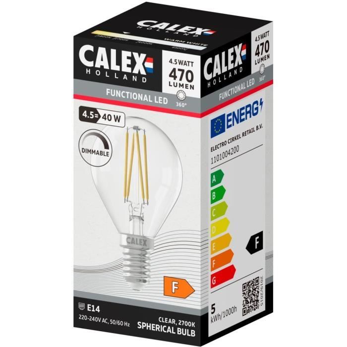 Ampoule LED E14 - CALEX - BALL P45 - Filament droit - 4,5 W - 470 lm - 2700 K - Intensité variable - Transparente