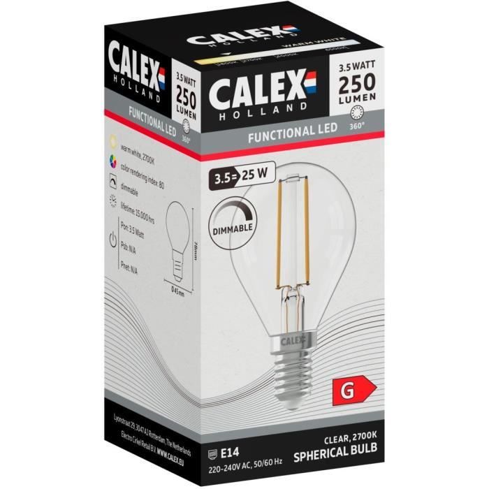 Ampoule LED E14 - CALEX - BALL P45 - Filament droit - 3,5 W - 250 lm - 2700 K - Intensité variable - Transparente