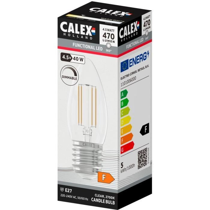 Ampoule LED E27 - CALEX - CANDLE B35 - Filament droit - 4,5 W - 470 lm - 2700 K - Intensité variable - Transparent