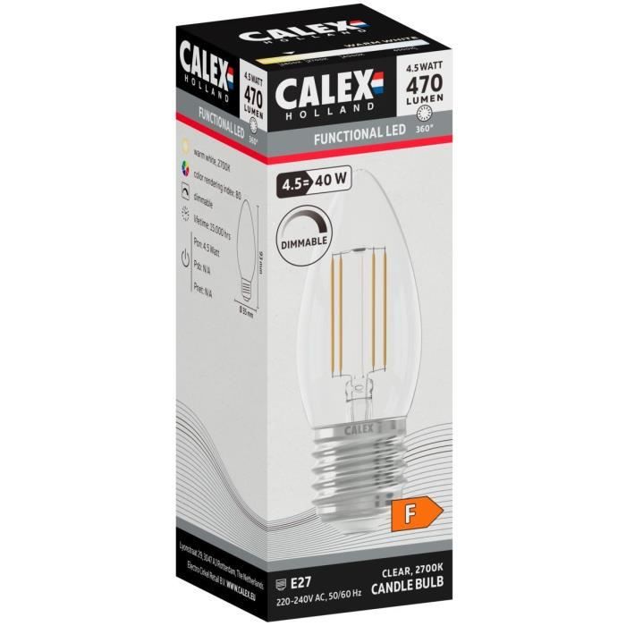 Ampoule LED E27 - CALEX - CANDLE B35 - Filament droit - 4,5 W - 470 lm - 2700 K - Intensité variable - Transparent