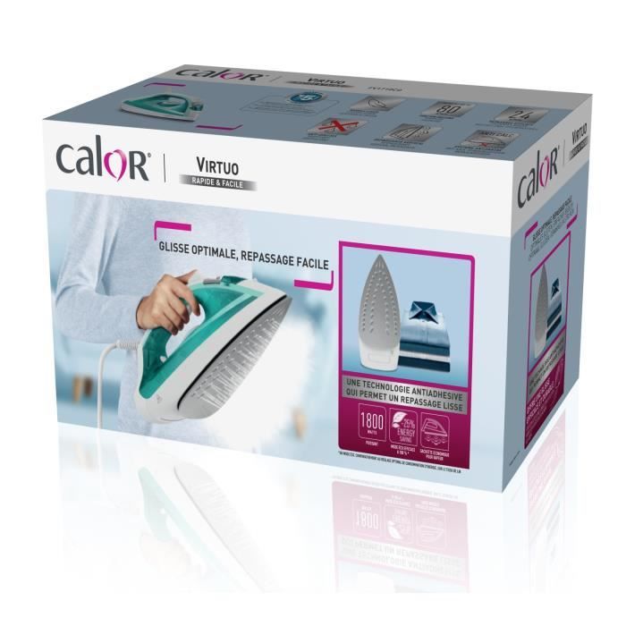 CALOR Fer a repasser vapeur, 1800 W, Débit vapeur 24 g/min, Pressing 80 g/min, Défroissage vertical, Virtuo, Bleu/vert FV1710C0