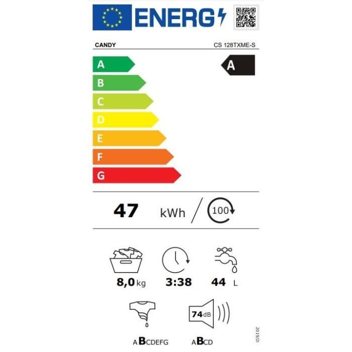 Lave-linge hublot CANDY CS 128TXME-S - 8 kg - Induction - L60cm - 1200 trs/min - Classe A - Blanc