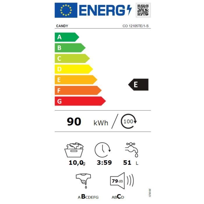 Lave-linge hublot CANDY CO12105TE/1-S - 10 kg - L60 cm - 1200 trs/min - Connecté wi-fi + Bluetooth - Blanc