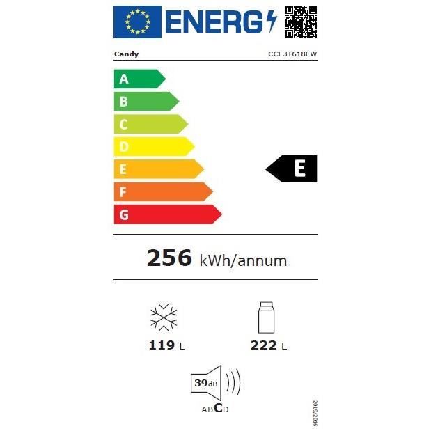 Réfrigérateur Combiné - CANDY - CCE3T618EW - Classe E - 341 L - 185 x 59,5 x 65,8 cm - Blanc