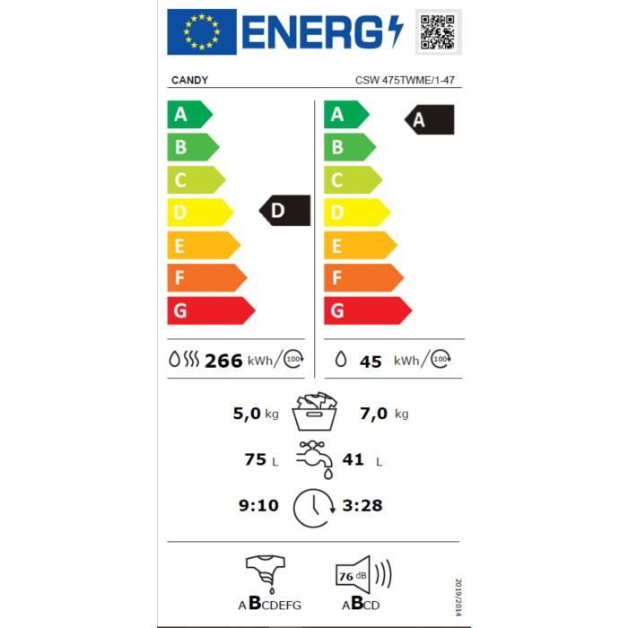 Lave-linge séchant CANDY CSW 475TWME/1-47 - 7 / 5kg - Induction - 1400 trs/min - Classe A - Blanc