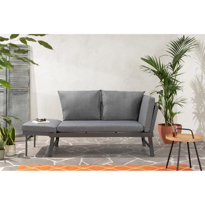 Banquette de jardin multifonction en aluminium avec coussins - 2 personnes - Gris foncé