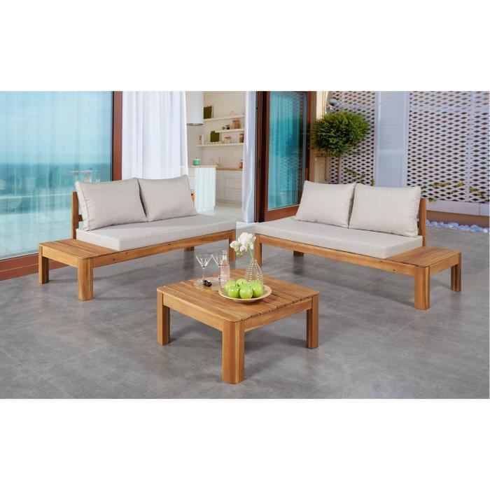 Banquette de jardin en bois d'acacia FSC - 2 personnes - Avec coussins - SANA