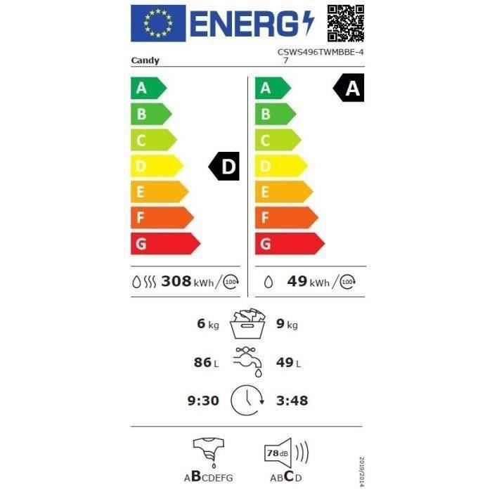 Lave-linge séchant CANDY CSWS496TWMBBE-47 - 9 / 6 kg - Induction - 1400 trs/min - Vapeur - Connecté - Classe A/D- Noir