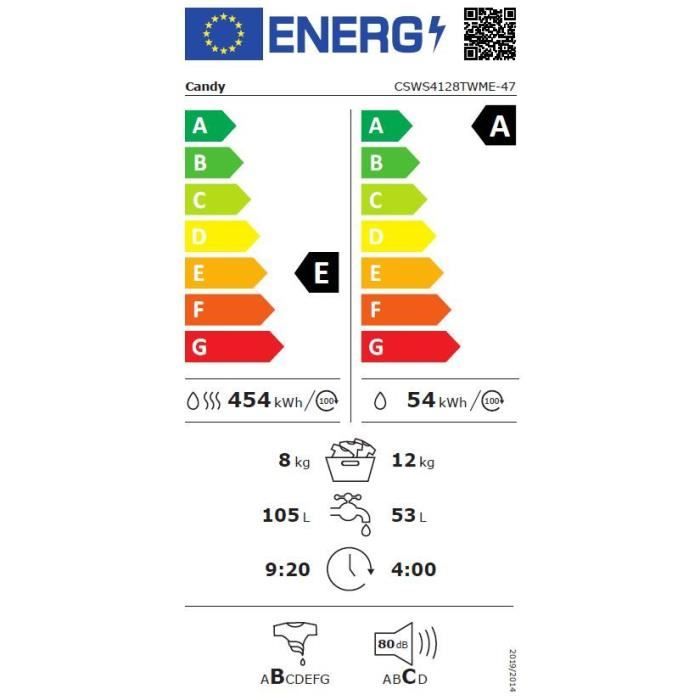 Lave-linge séchant CANDY CSWS4128TWME - 12 / 8 kg - Induction - 1400 trs/min - Vapeur - Connecté - Blanc