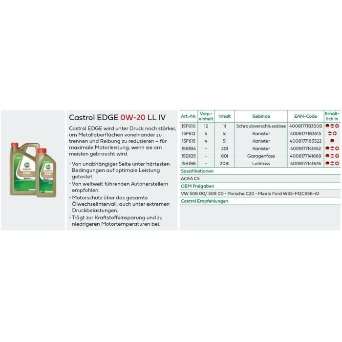 Huile moteur - CASTROL - EDGE 0W-20 LL IV - 1L