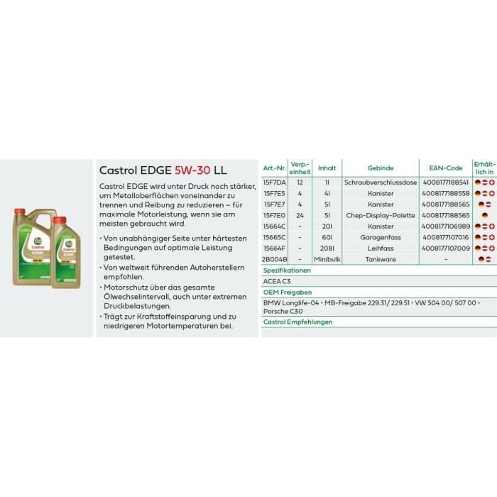 Huile moteur - CASTROL - EDGE 5W-30 LL - 1L