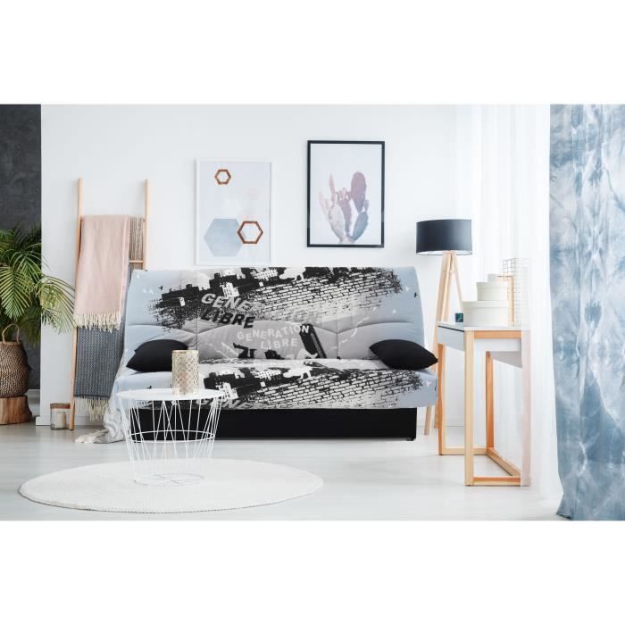 Clic clac 3 places DREAM - Tissu 100% Coton imprimé Parkour gris - Couchage 125x190 cm - L190 x P92 x H96 cm