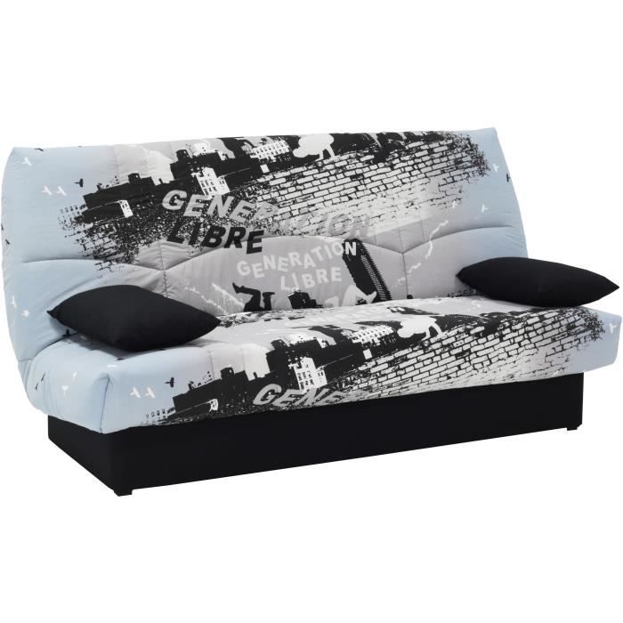 Clic clac 3 places DREAM - Tissu 100% Coton imprimé Parkour gris - Couchage 125x190 cm - L190 x P92 x H96 cm