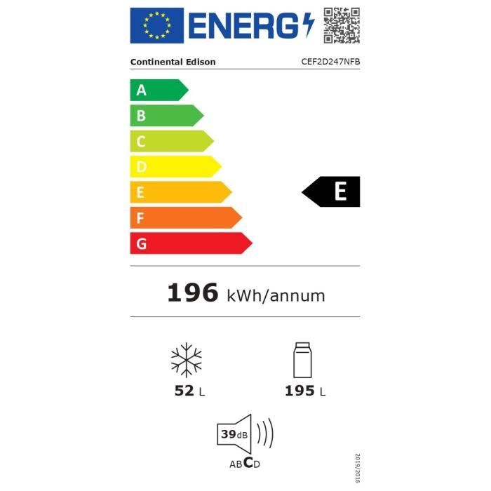 Réfrigérateur congélateur haut CONTINENTAL EDISON  - 247L - Total No Frost - Noir  - L54,5 cm x H167 cm