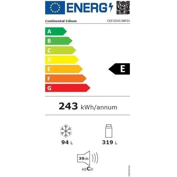 Réfrigérateur congélateur haut - CONTINENTAL EDISON -  413L - Total No Frost  - inox - L70 cm x H 178 cm