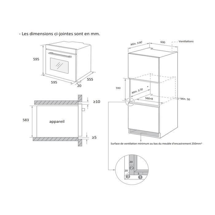 Four encastrable Pyrolyse - 65L - Chaleur tournante -  CONTINENTAL EDISON - CEF65PB - Noir et inox - L59,5 x H59,5 x P 57,5 cm