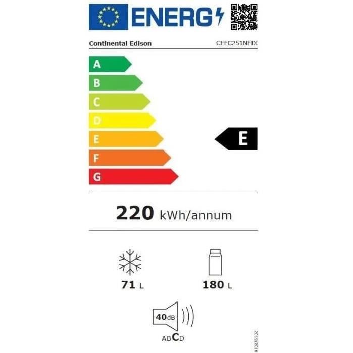 Réfrigérateur congélateur bas CONTINENTAL EDISON - 251L -Total No Frost - Inox - L 55 cm x H 180 cm