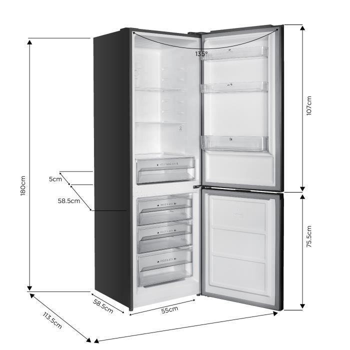 Réfrigérateur congélateur bas CONTINENTAL EDISON - 293L - Total No Frost(Sans givre) - 39 dB - L60 cmxH186cm - inox