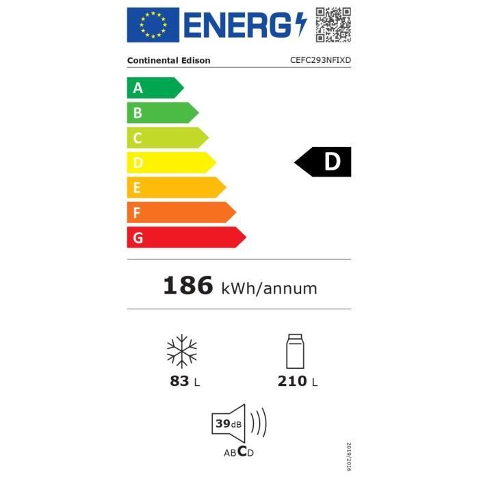 Réfrigérateur congélateur bas CONTINENTAL EDISON - 293L - Total No Frost(Sans givre) - 39 dB - L60 cmxH186cm - inox