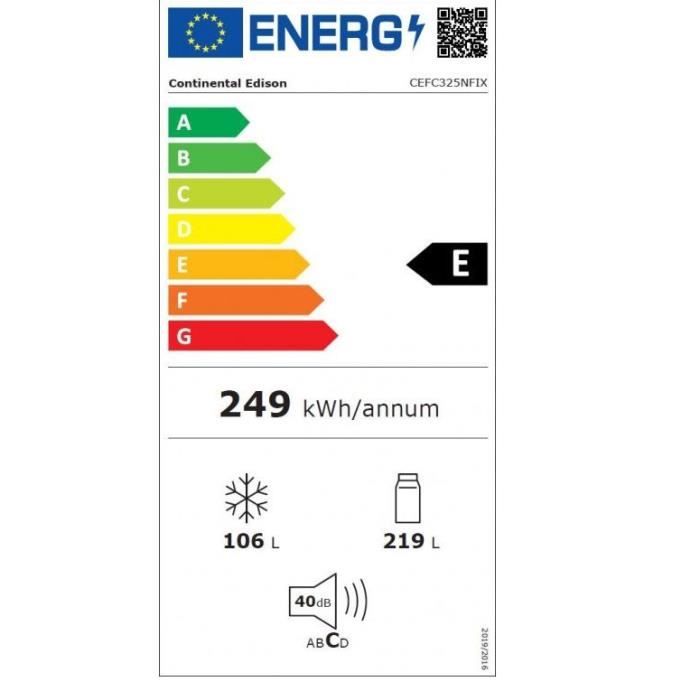 Réfrigérateur congélateur bas - CONTINENTAL EDISON - 325L - Total No Frost - distributeur d'eau- Inox