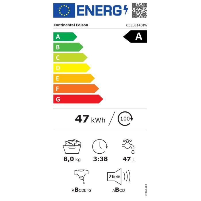 Lave-linge hublot CONTINENTAL EDISON CELL8140IW - 8 kg - Largeur 60 cm - Classe A - 1400 trs/min - moteur induction -Blanc