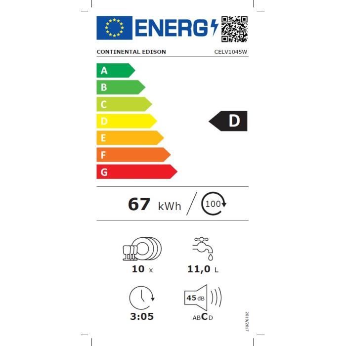 Lave-vaisselle pose libre CONTINENTAL EDISON CELV1045W - 10 couverts - Largeur 44,8 cm - Classe D - 45 dB - Blanc