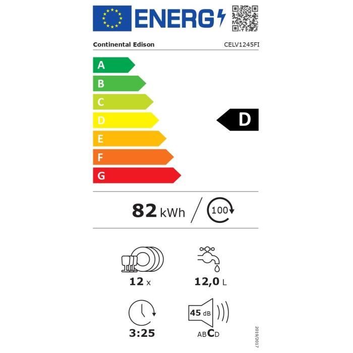 Lave-vaisselle encastrable CONTINENTAL EDISON CELV1245FI - 12 couverts - Largeur 59,8 cm - Classe D - 45 dB - Blanc