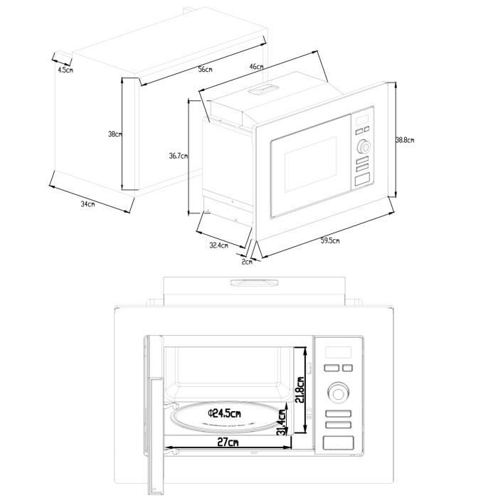 Four micro-ondes encastrable CONTINENTAL EDISON MO20IXES Noir et Inox L59,5 x 38,8 x P34,5 cm 20L