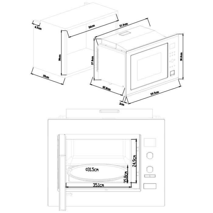 Micro-ondes combiné encastrable CONTINENTAL EDISON CEMO34CEB2 Noir et Inox L59,5 x H38,8 x P46,8 cm 34L Grill et convection