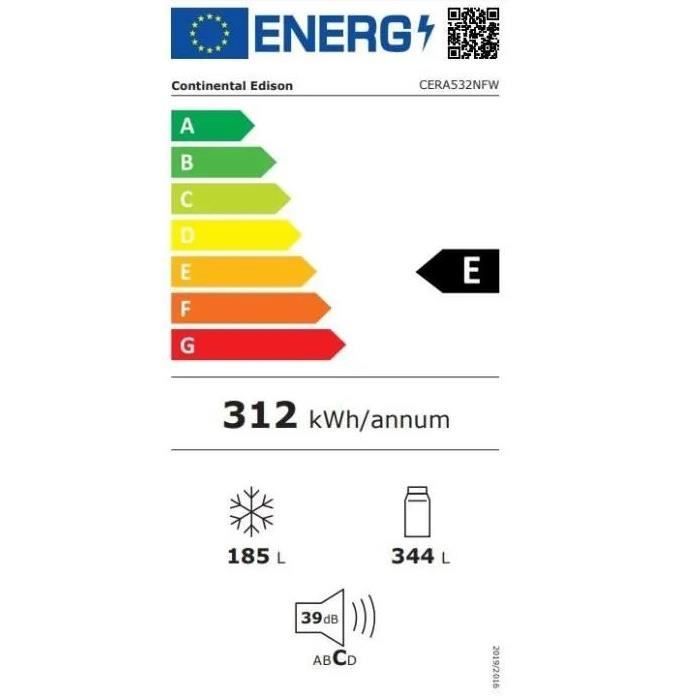 Réfrigérateur américain Continental Edison - CERA532NFW - 2 portes - 529L - L90 cm xH177 cm - Blanc