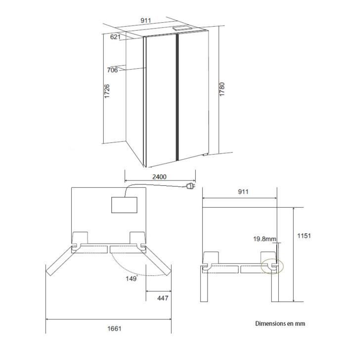 Réfrigérateur américain 556L - Total No Frost - distributeur d'eau et de glaçons - Classe E -moteur inverter  - inox