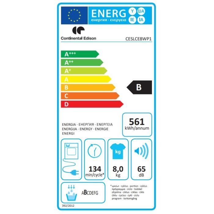 Seche-linge a condensation CONTINENTAL EDISON CESLCE8WP1 - 8 kg - Largeur 59,6cm - Classe B - Blanc