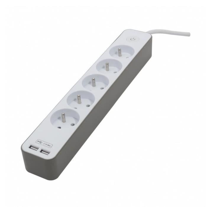 CHACON Bloc multiprise 5 prises 16 A avec 2 ports USB et câble 1,5 m HO5VV-F 3x1,5 mm² blanc et brun