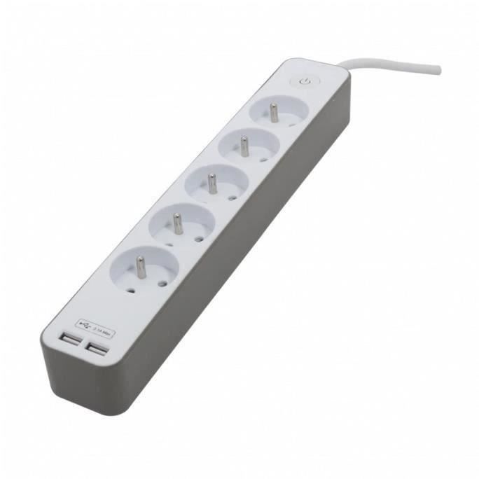 CHACON Bloc multiprise 5 prises 16 A avec 2 ports USB et câble 1,5 m HO5VV-F 3x1,5 mm² blanc et brun