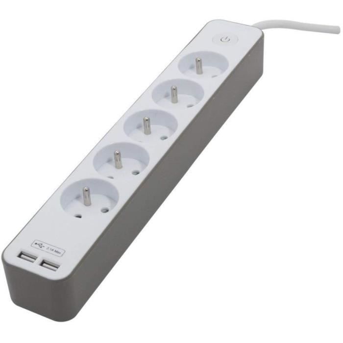 CHACON Bloc multiprise 5 prises 16 A avec 2 ports USB et câble 1,5 m HO5VV-F 3x1,5 mm² blanc et brun