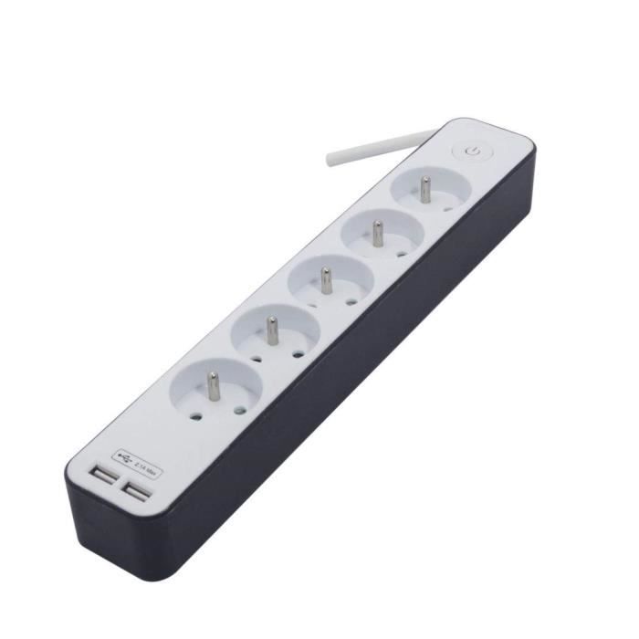 CHACON Bloc multiprise 5 prises 16 A avec 2 ports USB et câble 1,5 m HO5VV-F 3x1,5 mm² blanc et gris