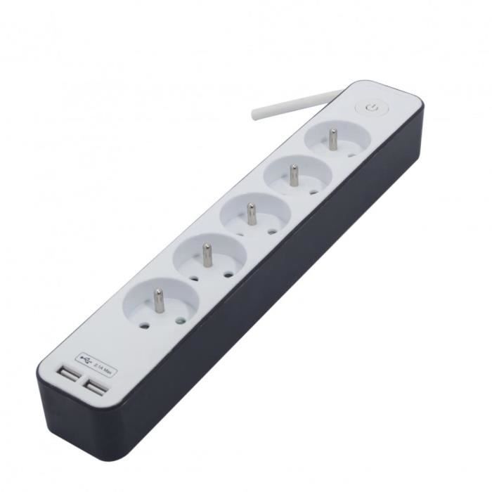 CHACON Bloc multiprise 5 prises 16 A avec 2 ports USB et câble 1,5 m HO5VV-F 3x1,5 mm² blanc et gris