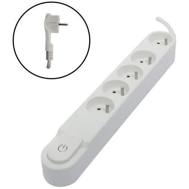 CHACON Bloc multiprise 5 prises 16 A avec interrupteur, fiche plate, câble 1,5 m HO5VV-F 3x1,5 mm² blanc