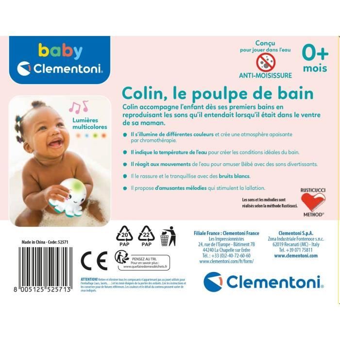 Jouet de bain interactif Baby Clementoni - Colin le poulpe lumineux et musical