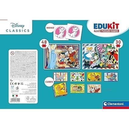 Clementoni - Edukit - Disney - Coffret apprentissage 4 en 1 - 2 puzzles, 1 mémo, 1 jeu de 6 cubes - Fabriqué en Italie - Dés 4ans