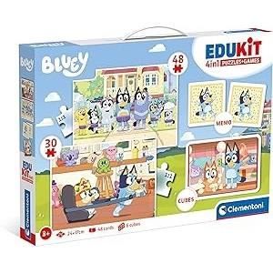 Clementoni - Edukit - Bluey - Coffret apprentissage 4 en 1 - 2 puzzles, 1 mémo, 1 jeu de 6 cubes - Fabriqué en Italie - Dés 4ans