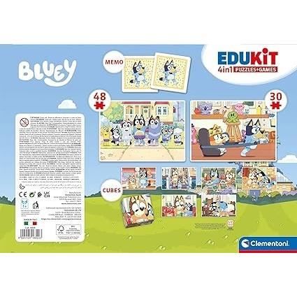 Clementoni - Edukit - Bluey - Coffret apprentissage 4 en 1 - 2 puzzles, 1 mémo, 1 jeu de 6 cubes - Fabriqué en Italie - Dés 4ans