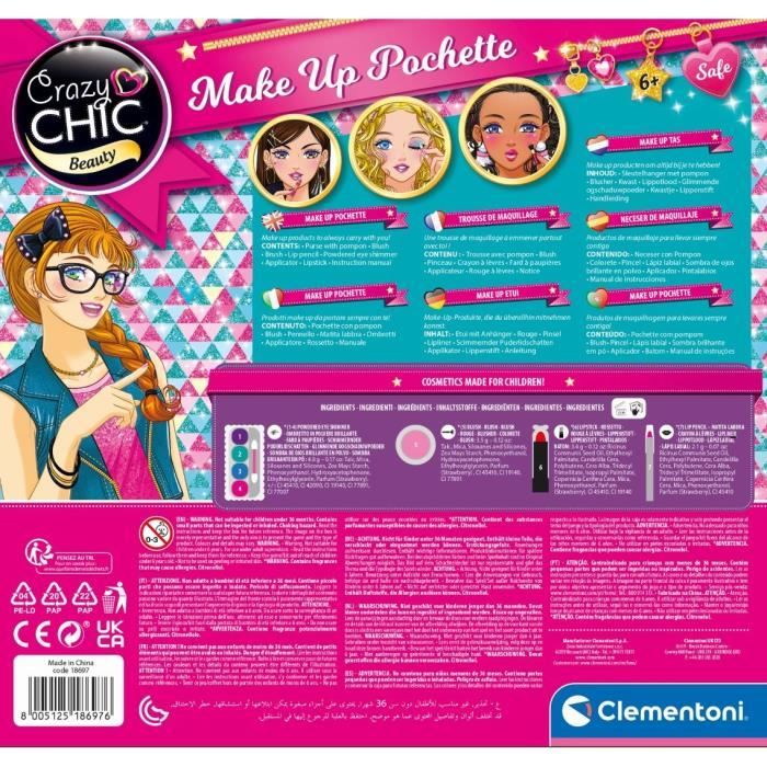 Trousse de Maquillage Lavable en Tissu pour Enfant - Clementoni Crazy Chic - Contient 5 Produits de Maquillage