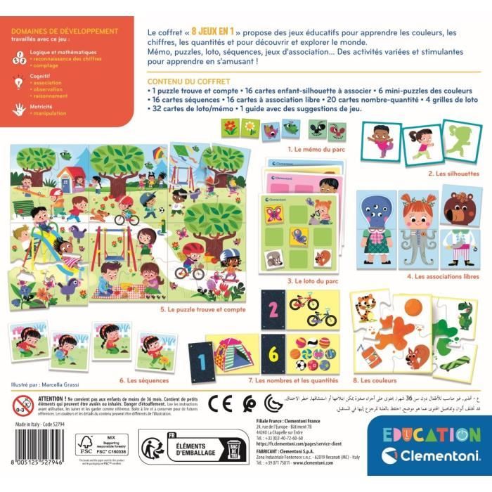 Clementoni - Coffret de 8 jeux en 1 - Jeux éducatifs formes, couleurs, nombres, quantités - Dés 3 ans