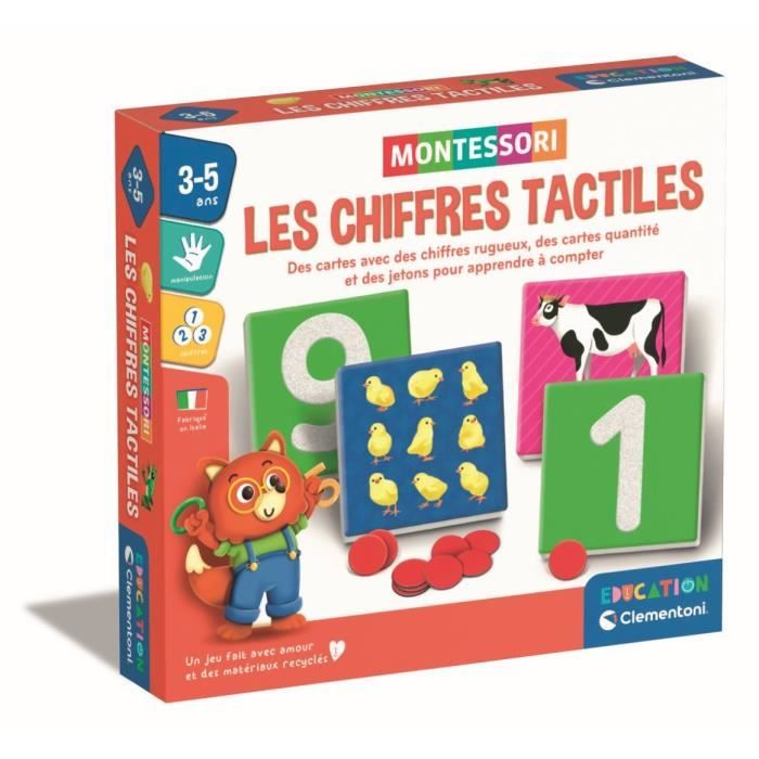 Montessori - Clementoni - Les chiffres tactiles - Jeu éducatif apprentissage des chiffres - 10 cartes chiffres rugueux - Dés 3 ans