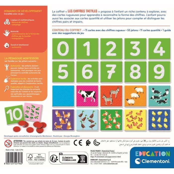 Montessori - Clementoni - Les chiffres tactiles - Jeu éducatif apprentissage des chiffres - 10 cartes chiffres rugueux - Dés 3 ans