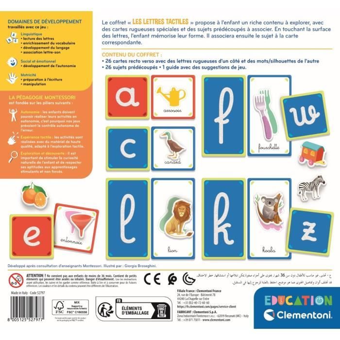 Montessori - Clementoni - Les lettres tactiles - Jeu éducatif pour apprendre l'alphabet - 26 cartes lettres rugeuses - Dés 3 ans