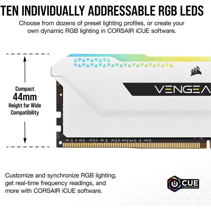 Mémoire RAM - CORSAIR - Vengeance RGB Pro SL DDR4 - 32GB 2x16GB DIMM - 3600 MHz  - 1.35V - Blanc (CMH32GX4M2D3600C)