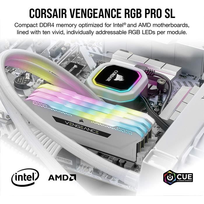 Mémoire RAM - CORSAIR - Vengeance RGB Pro SL DDR4 - 32GB 2x16GB DIMM - 3600 MHz  - 1.35V - Blanc (CMH32GX4M2D3600C)