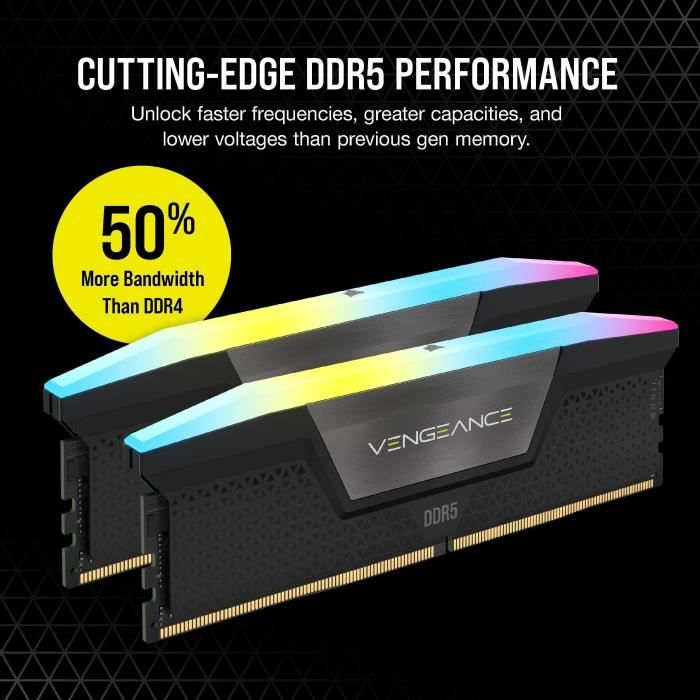 RAM - CORSAIR Vengeance RGB DDR5 - 32GB 2x16GB DIMM - 5200MHz - Unbuffered, 40-40-40-77, XMP 3.0, Black Heatspreader, RGB LED,